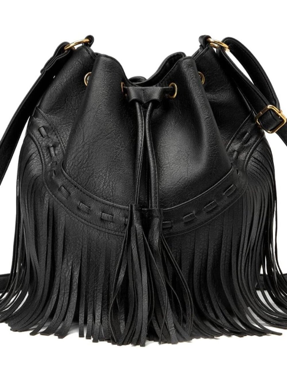 Leather Bucket Bags for Women Crossbody Fringe Purses with Drawstring Ladies Tas